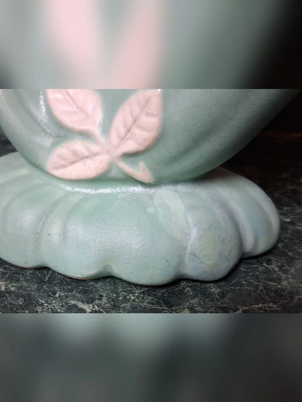 1930s Weller Cameo Rose Cornucopia Vase Blue with White Roses 6.5”